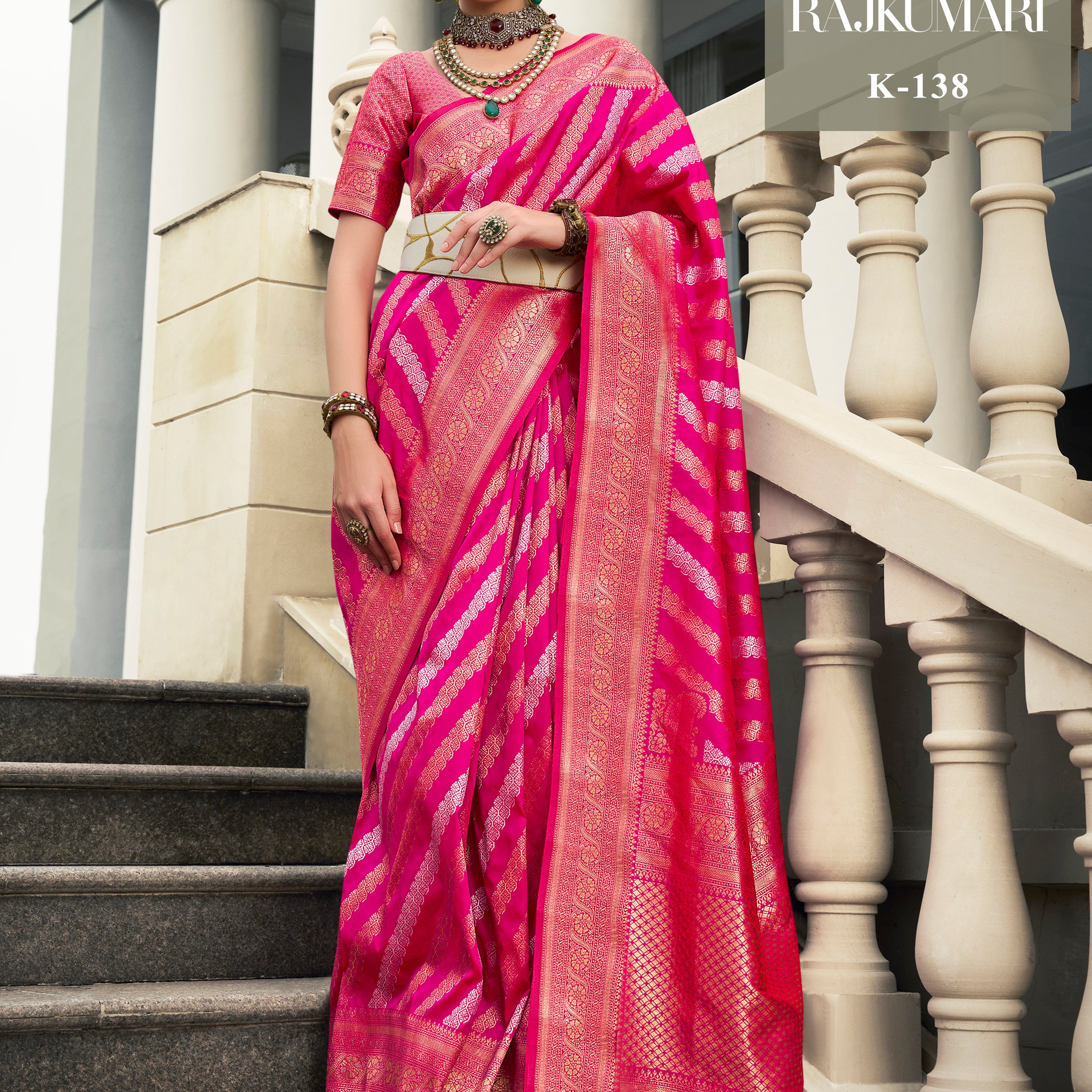 Kreshva Rajkumari K-138 Rani Pink Banarasi Silk Saree with Leheriya Pattern & Zari Border