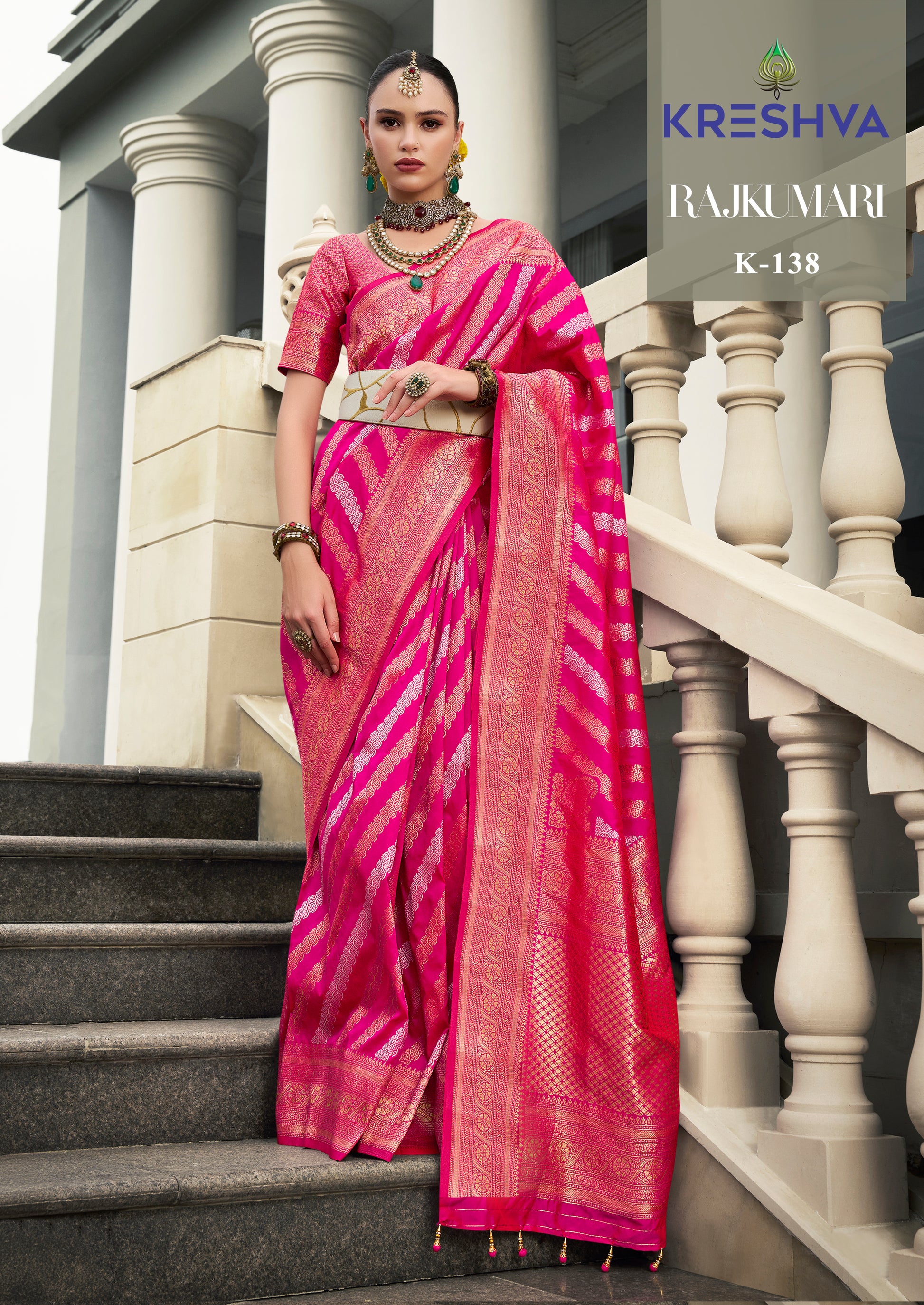 Kreshva Rajkumari K-138 Rani Pink Banarasi Silk Saree with Leheriya Pattern & Zari Border