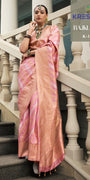 Baby Pink Banarasi Silk Saree with Gold & Silver Zari Leheriya Work