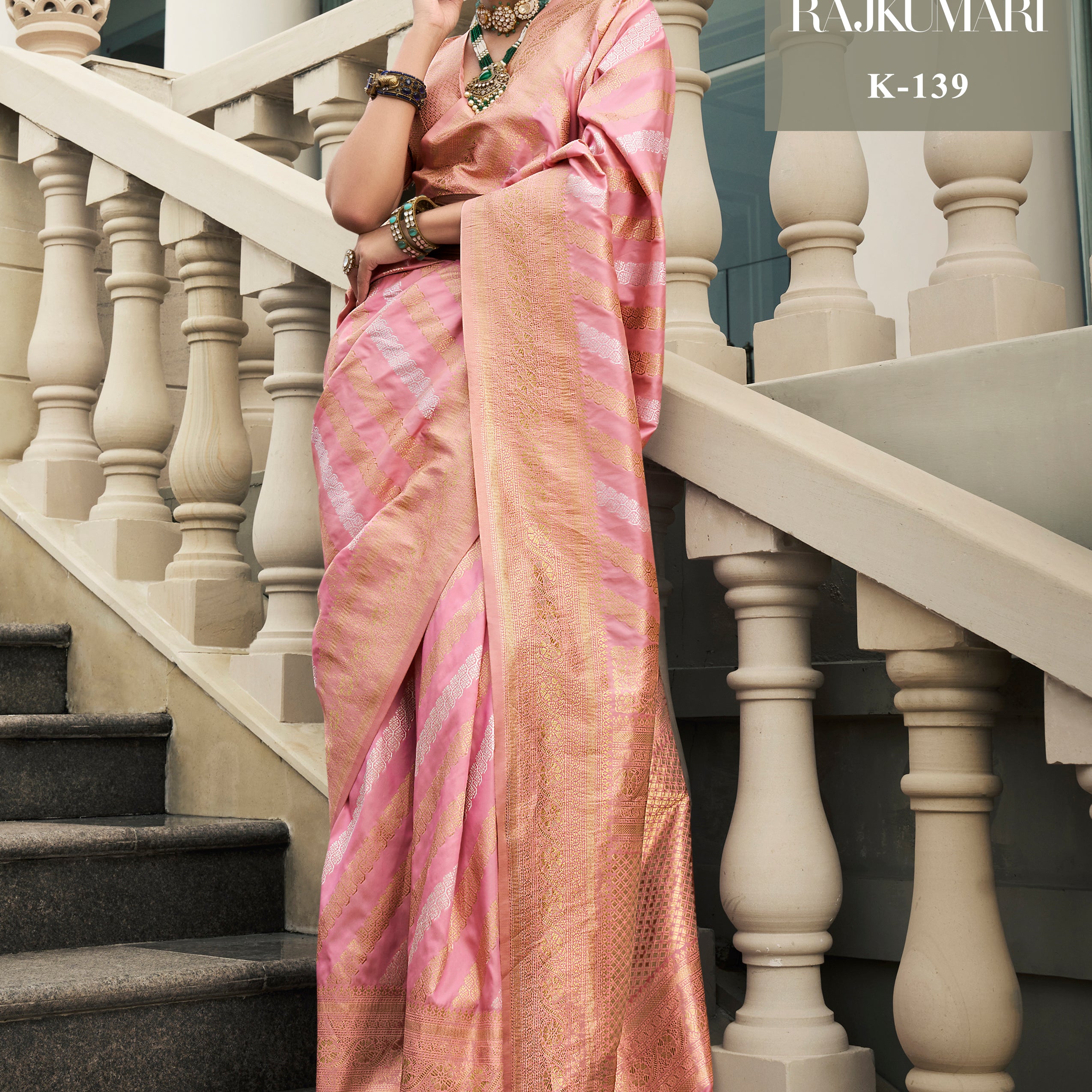 Baby Pink Banarasi Silk Saree with Gold & Silver Zari Leheriya Work