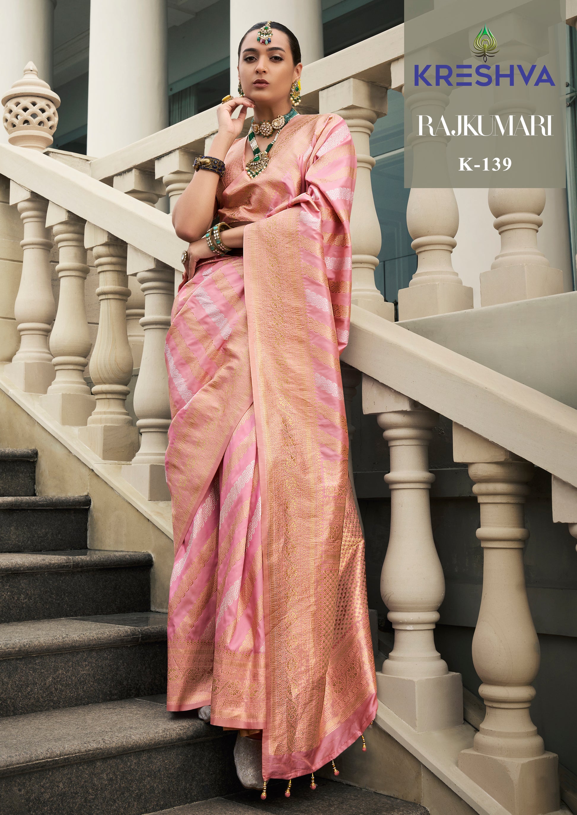 Baby Pink Banarasi Silk Saree with Gold & Silver Zari Leheriya Work