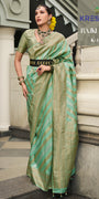 Seafoam Green Banarasi Silk Saree with Antique Gold Zari Leheriya
