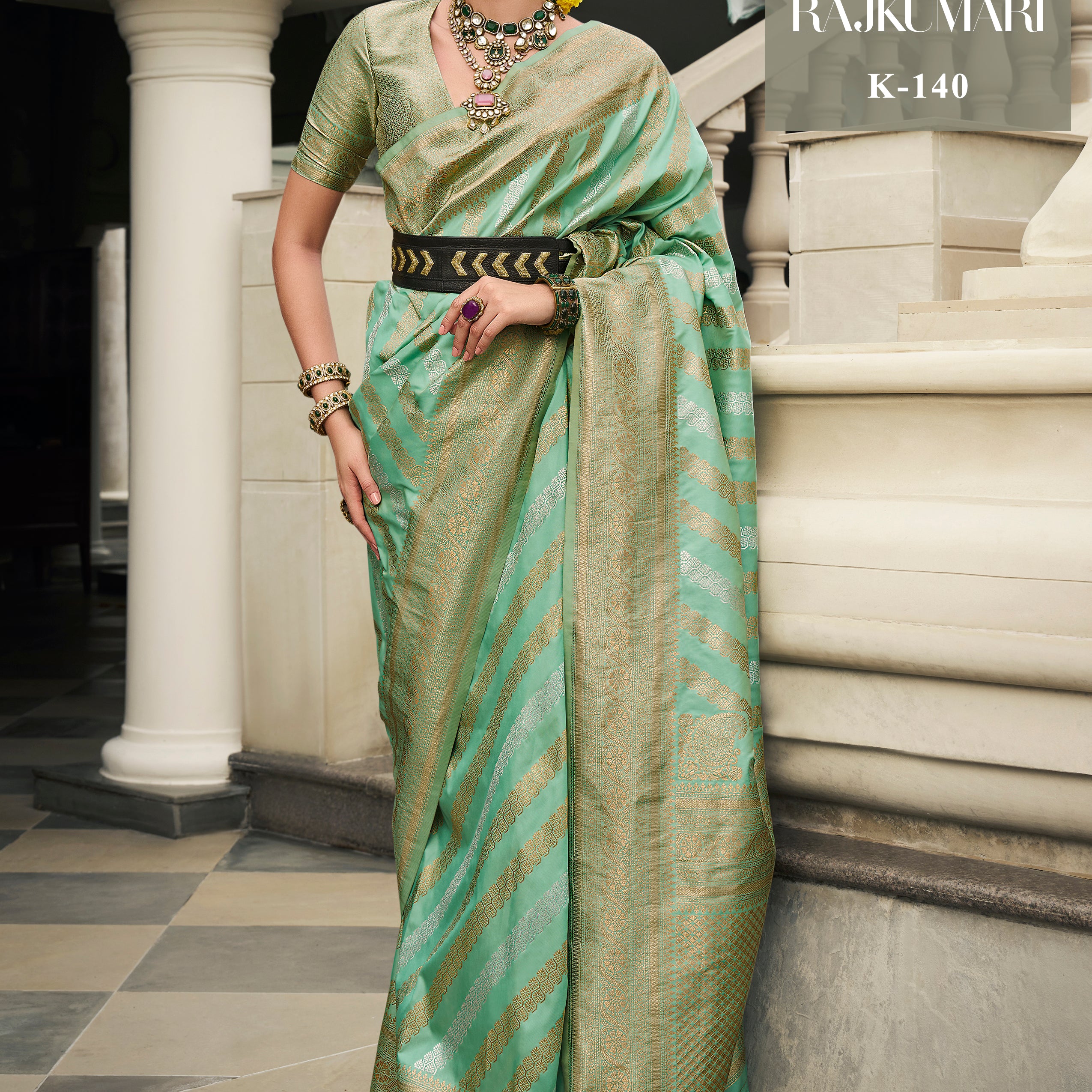 Seafoam Green Banarasi Silk Saree with Antique Gold Zari Leheriya