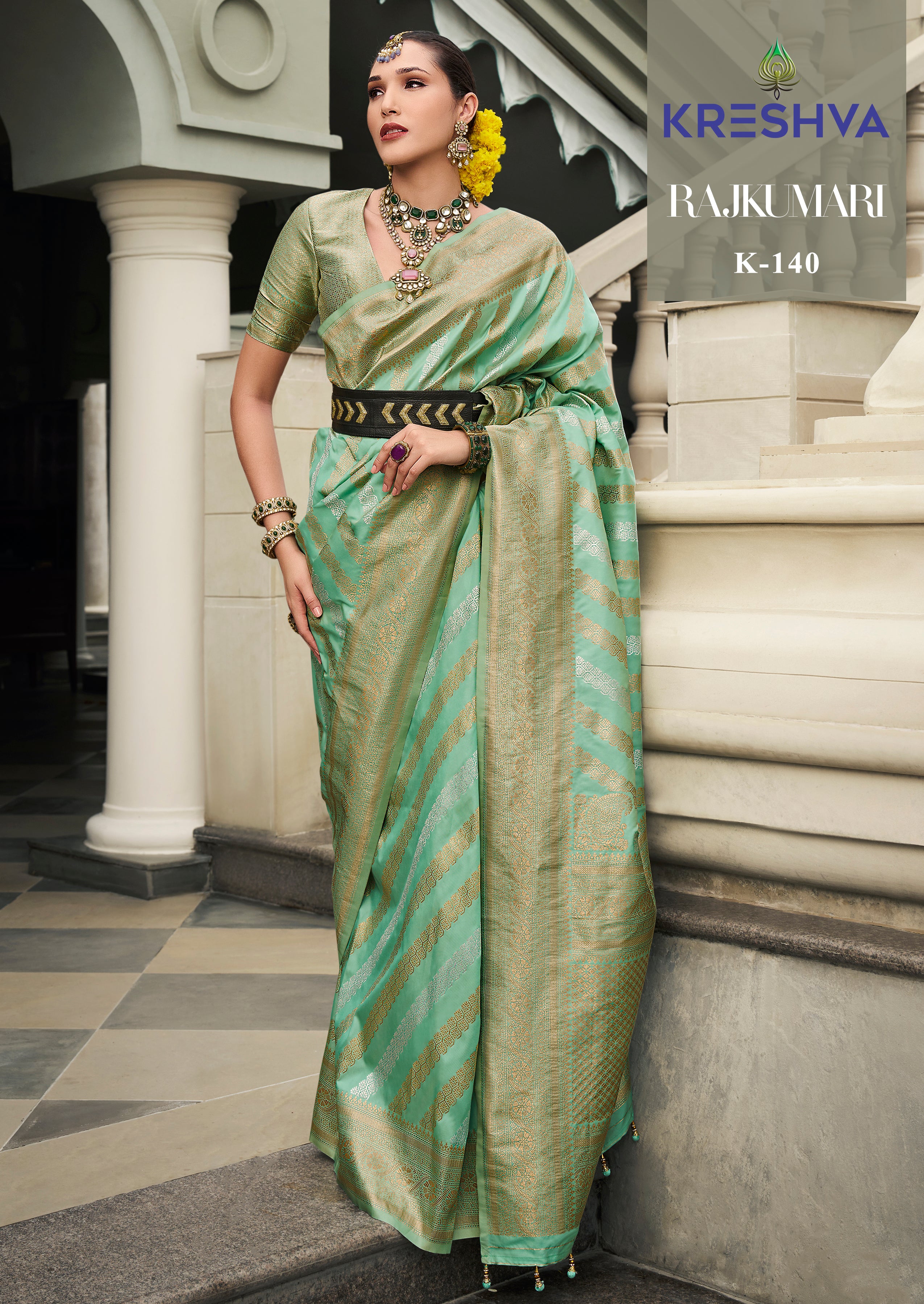 Seafoam Green Banarasi Silk Saree with Antique Gold Zari Leheriya