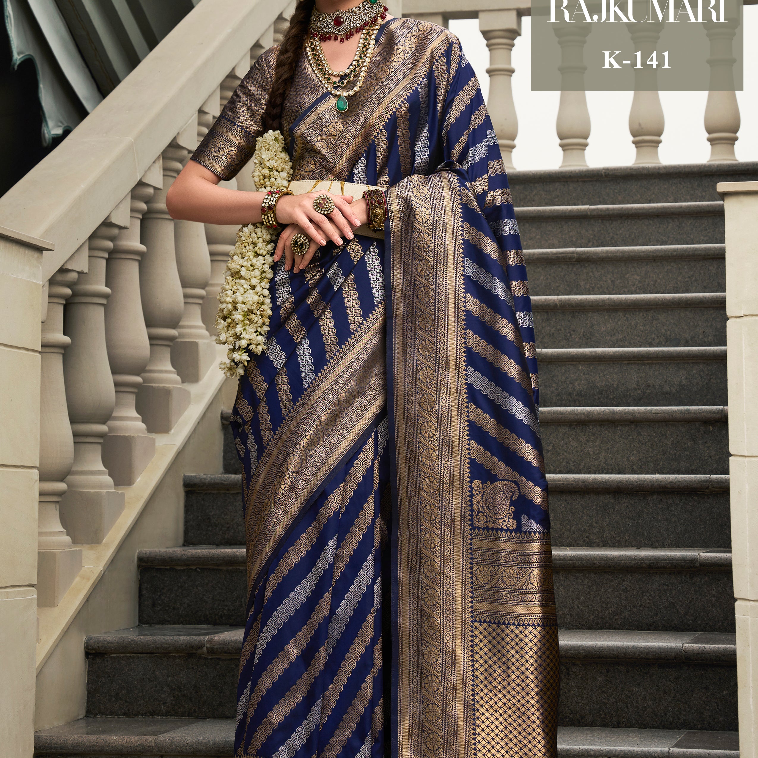 Royal Navy Blue Banarasi Silk Saree with Silver & Gold Zari Leheriya