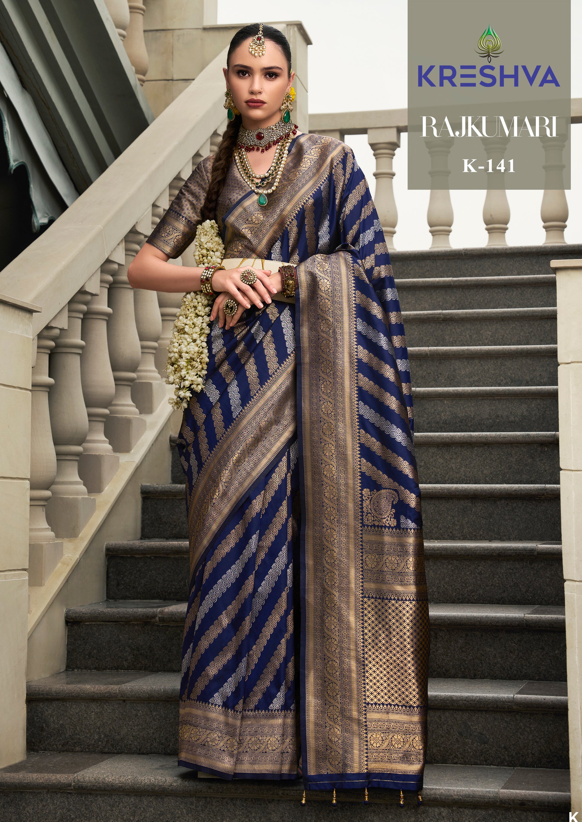 Royal Navy Blue Banarasi Silk Saree with Silver & Gold Zari Leheriya
