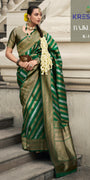 Bottle Green Banarasi Silk Saree with Gold & Silver Zari Leheriya