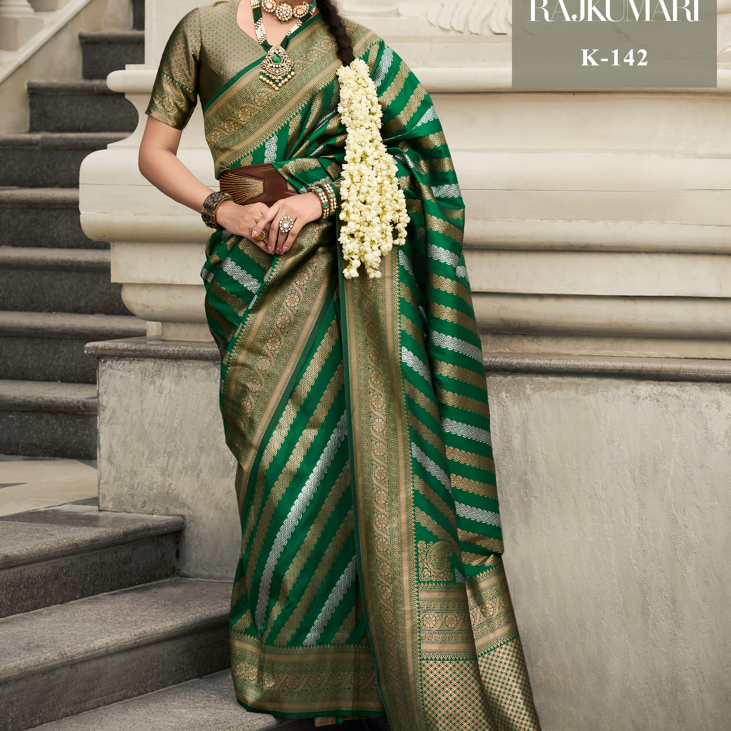 Bottle Green Banarasi Silk Saree with Gold & Silver Zari Leheriya
