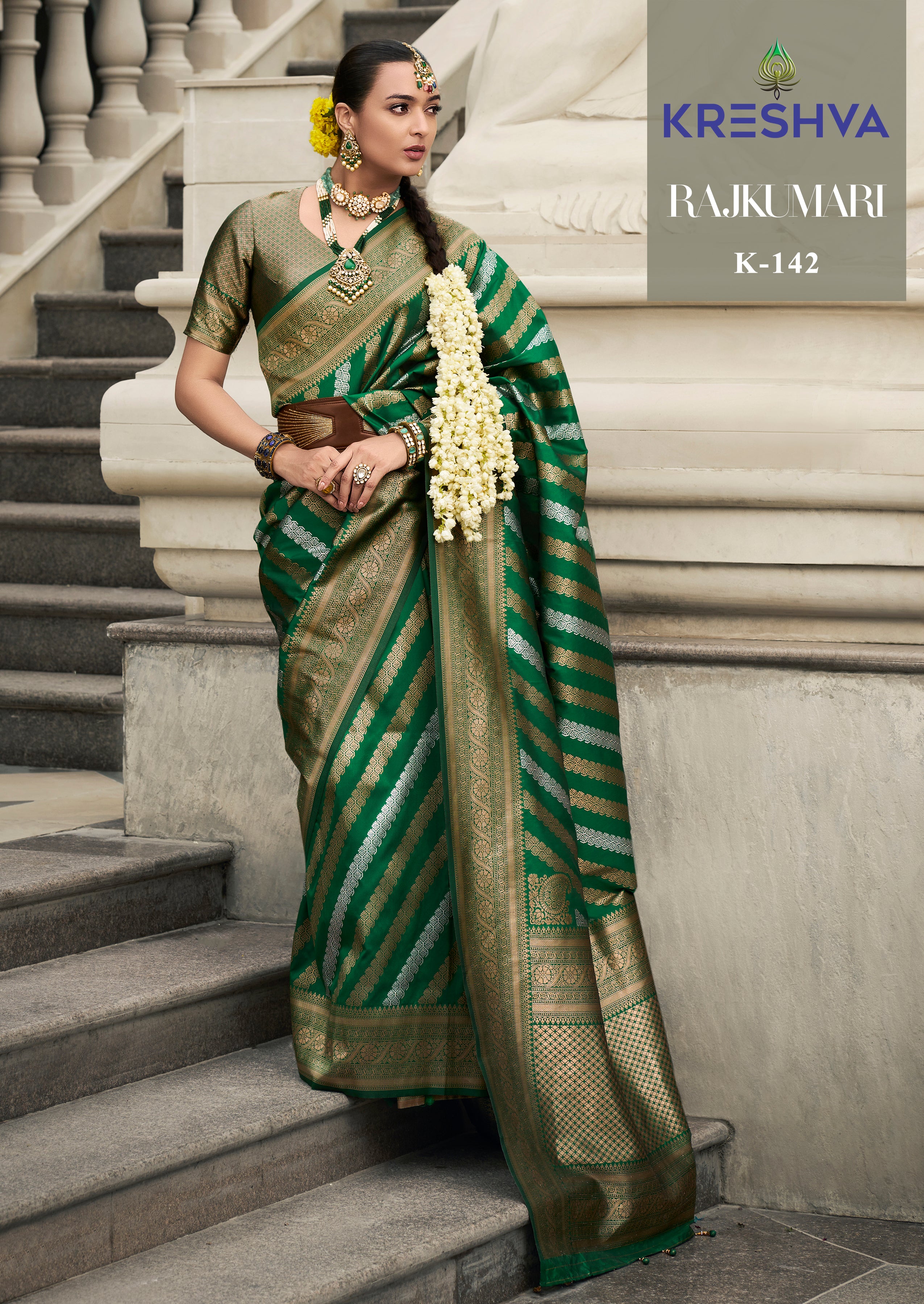 Bottle Green Banarasi Silk Saree with Gold & Silver Zari Leheriya