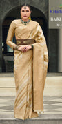 Champagne Beige Banarasi Silk Saree with Metallic Silver & Gold Zari