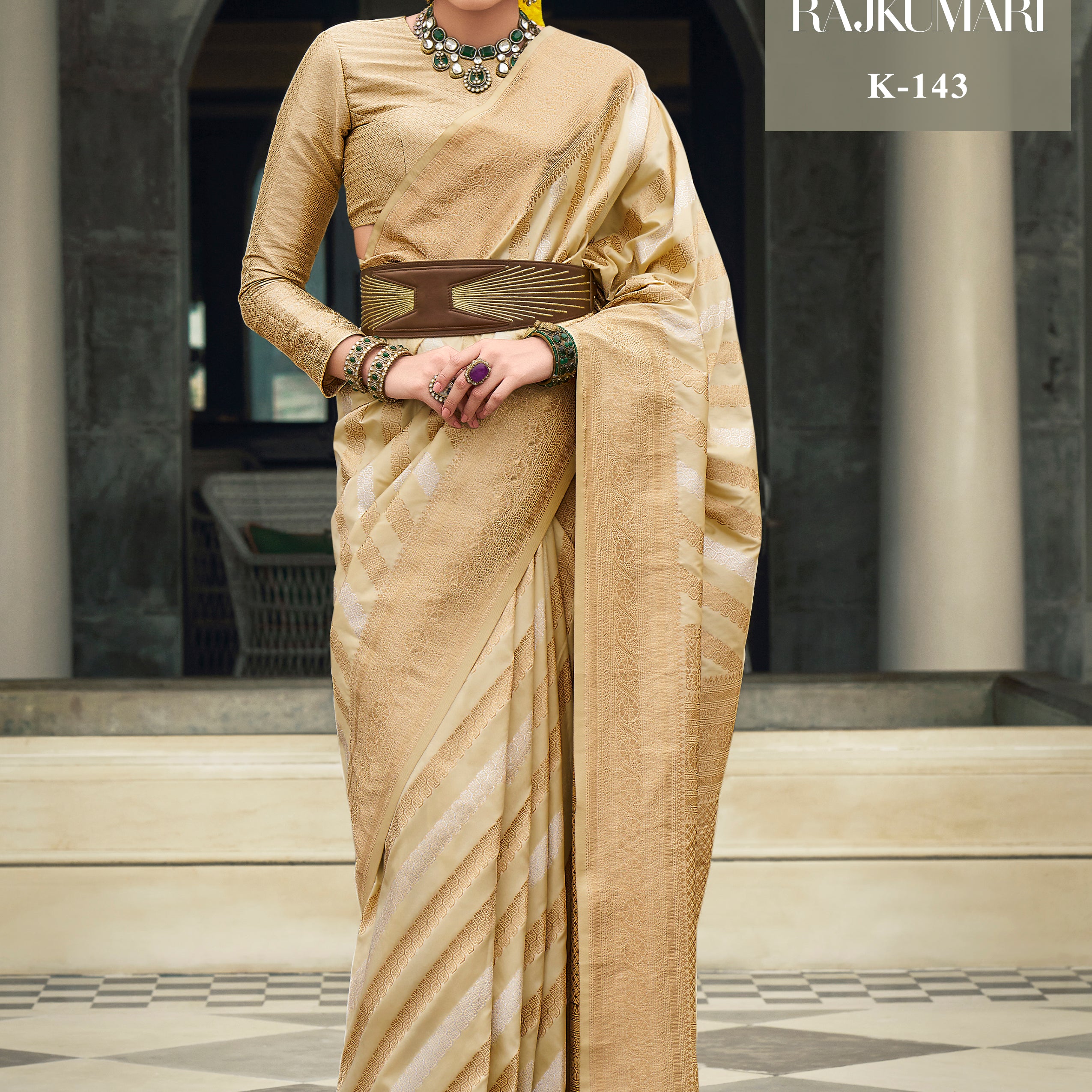 Champagne Beige Banarasi Silk Saree with Metallic Silver & Gold Zari