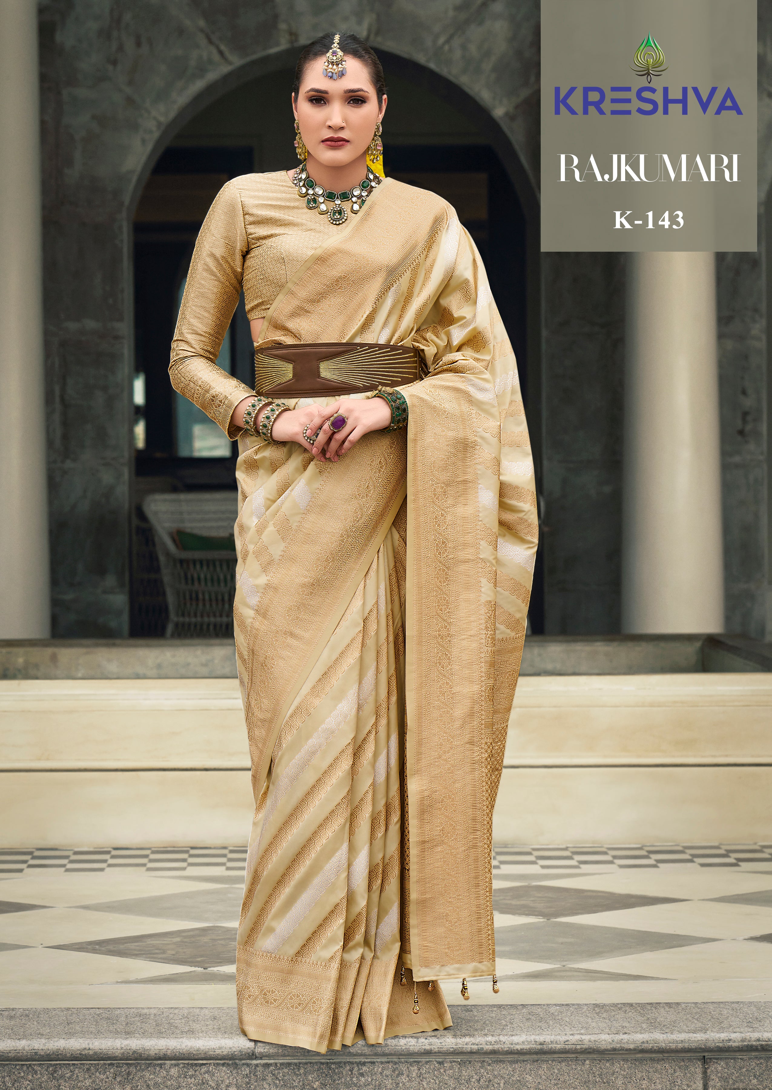 Champagne Beige Banarasi Silk Saree with Metallic Silver & Gold Zari