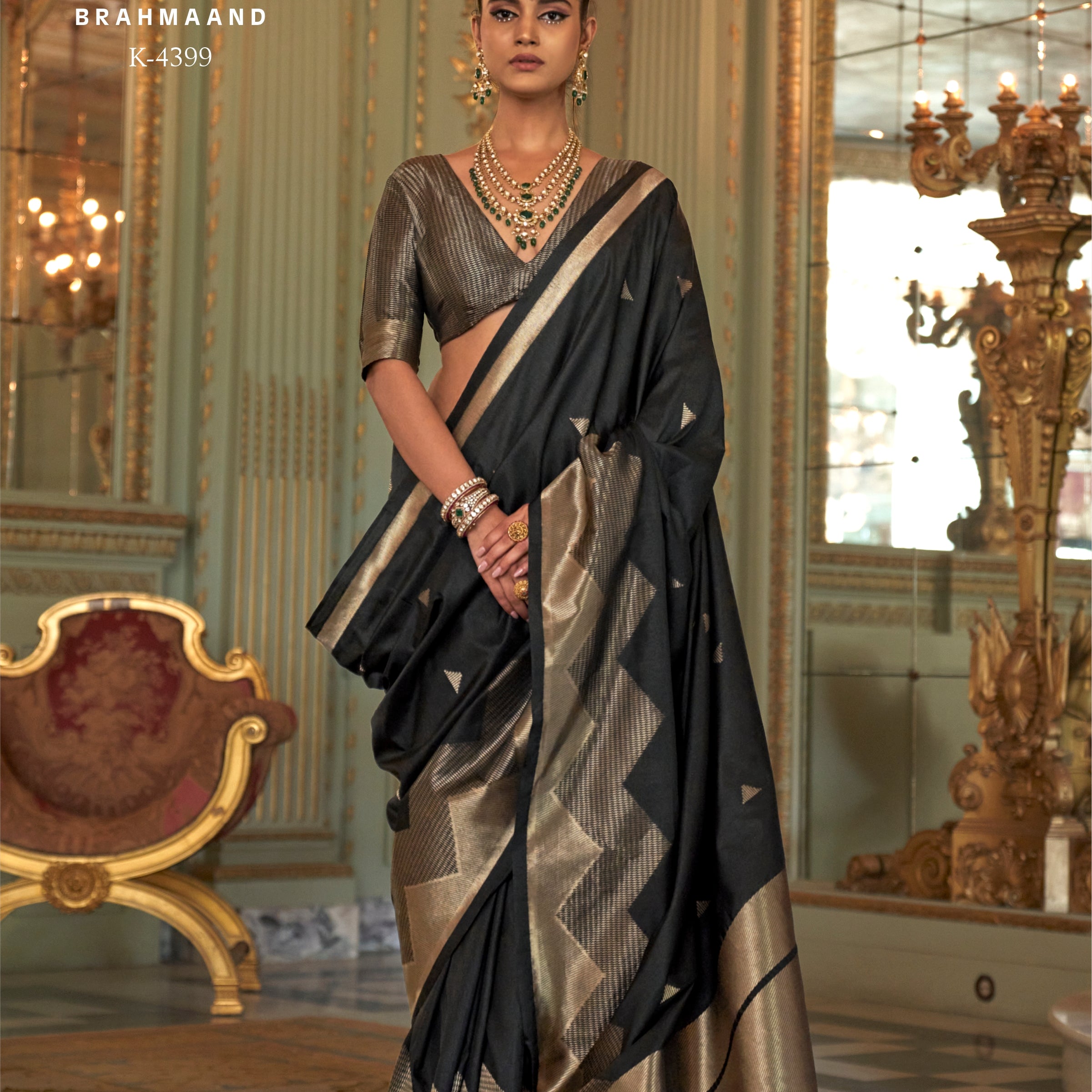 Kreshva Brahmaand K-4399 | Majestic Midnight Black Banarasi Silk Saree with Antique Zari Weave