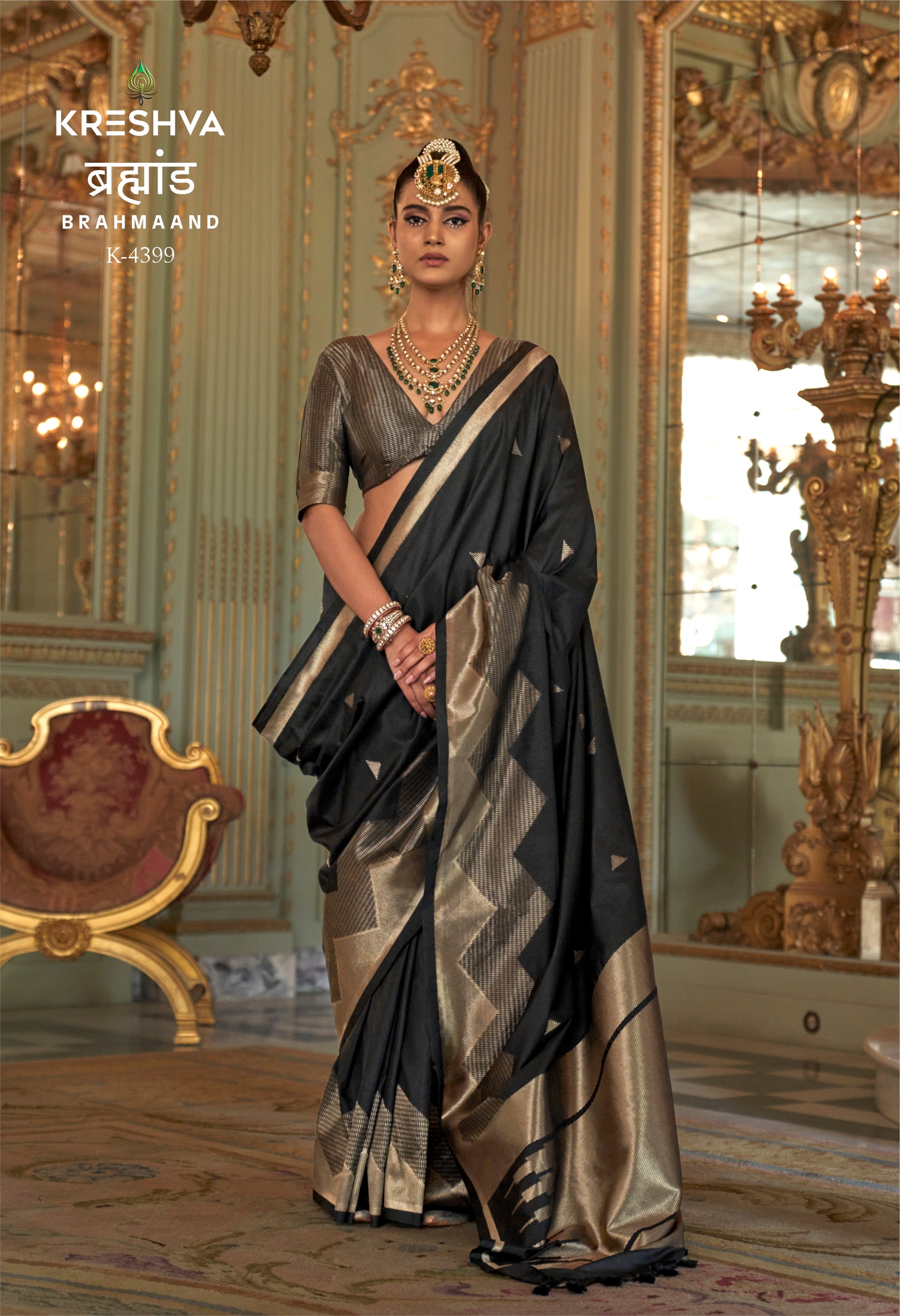 Kreshva Brahmaand K-4399 | Majestic Midnight Black Banarasi Silk Saree with Antique Zari Weave