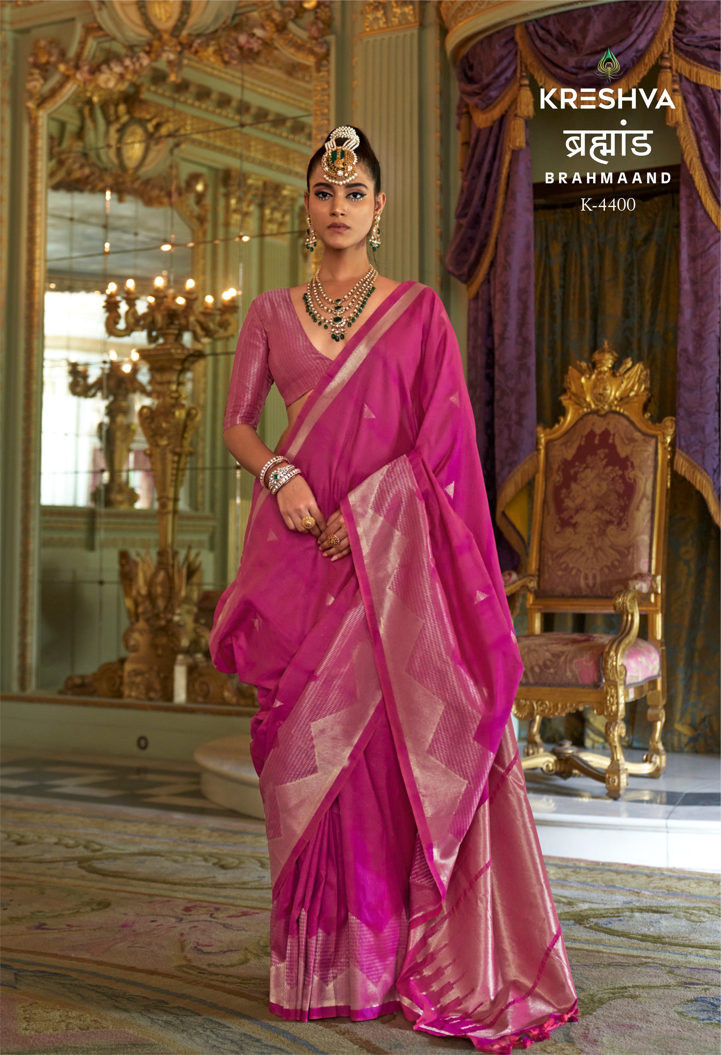 Kreshva Brahmaand K-4400 | Radiant Magenta Pink Banarasi Silk Saree with Silver Zari Weave