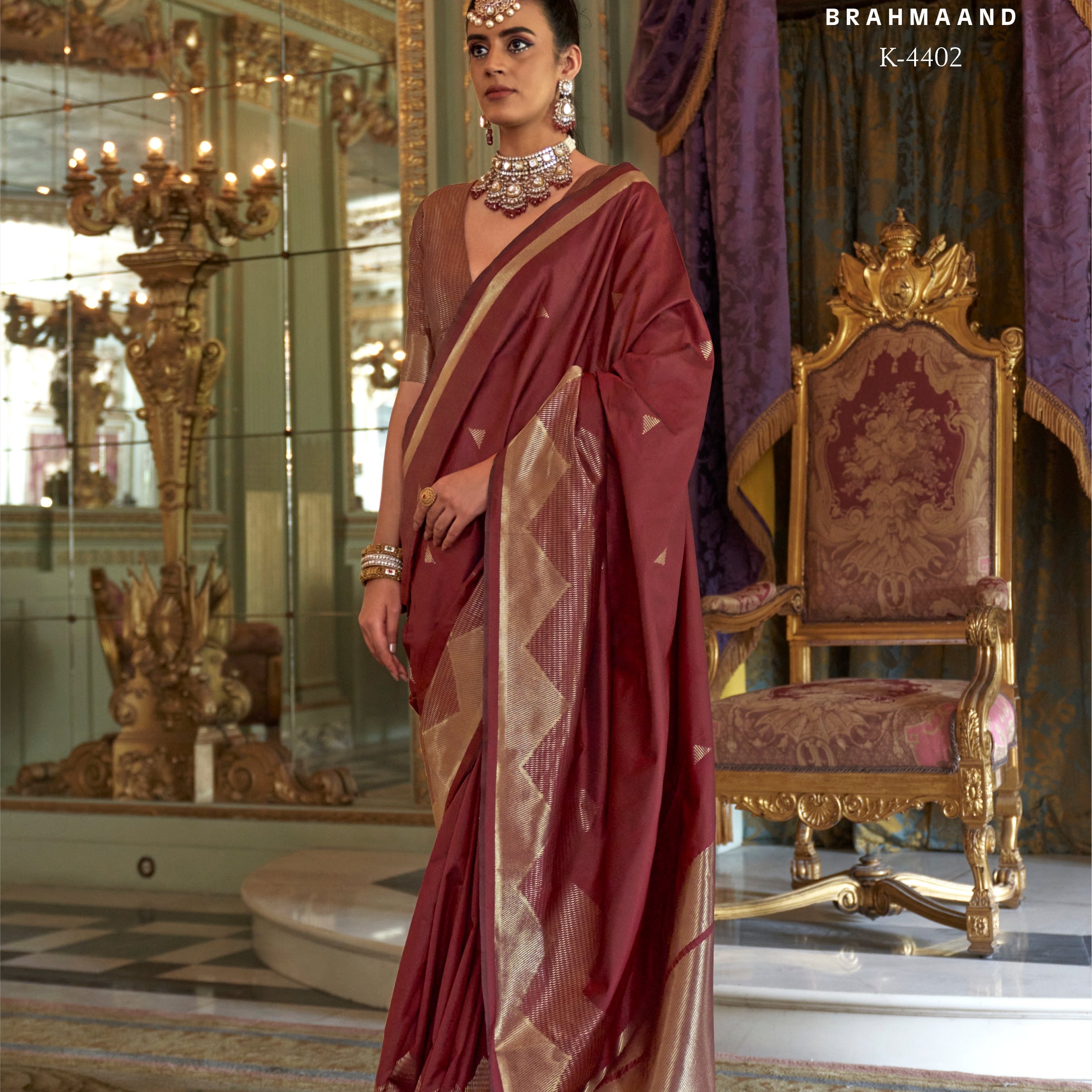 Kreshva Brahmaand K-4402 | Regal Maroon Banarasi Silk Saree with Antique Gold Zari Accents