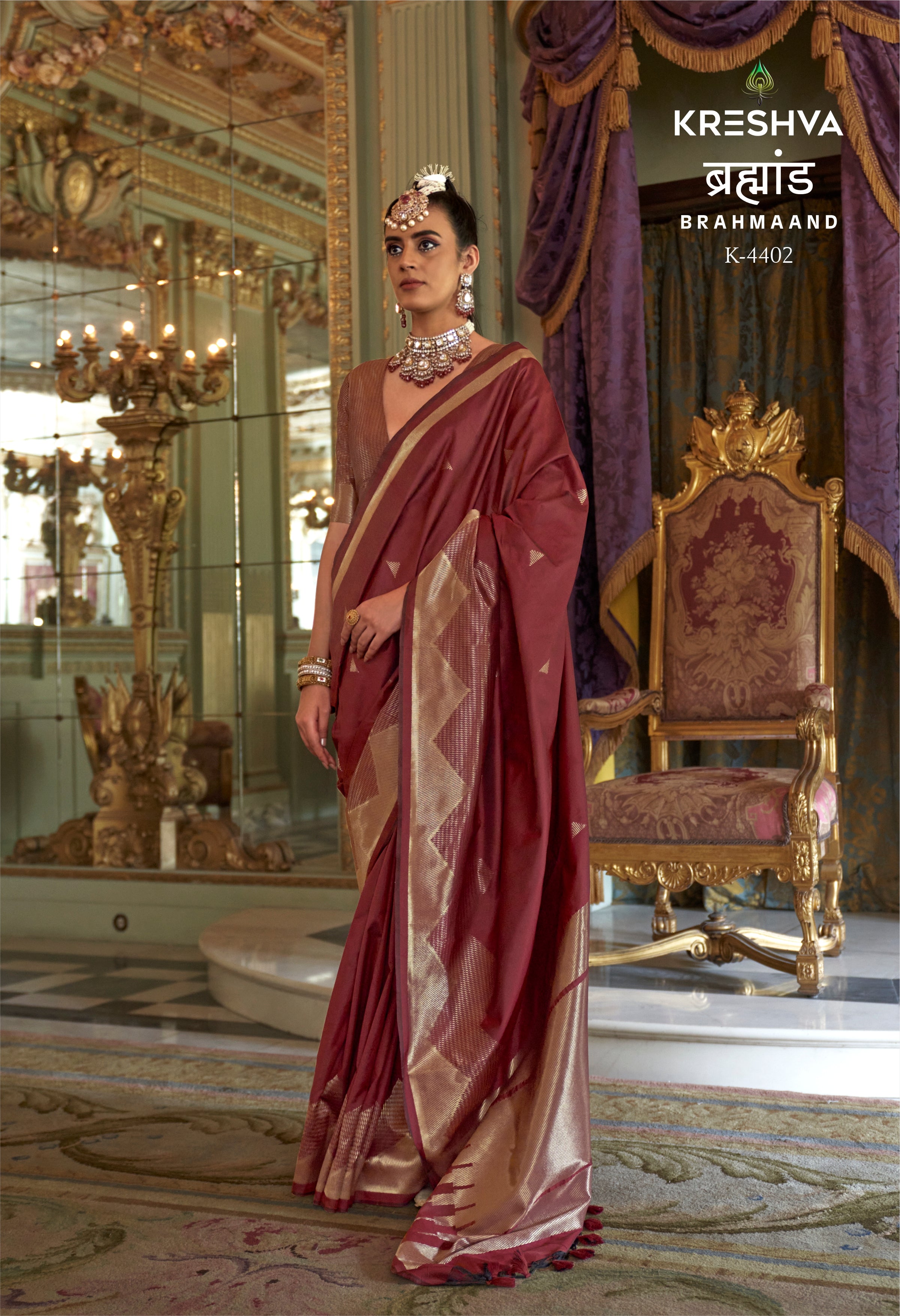 Kreshva Brahmaand K-4402 | Regal Maroon Banarasi Silk Saree with Antique Gold Zari Accents