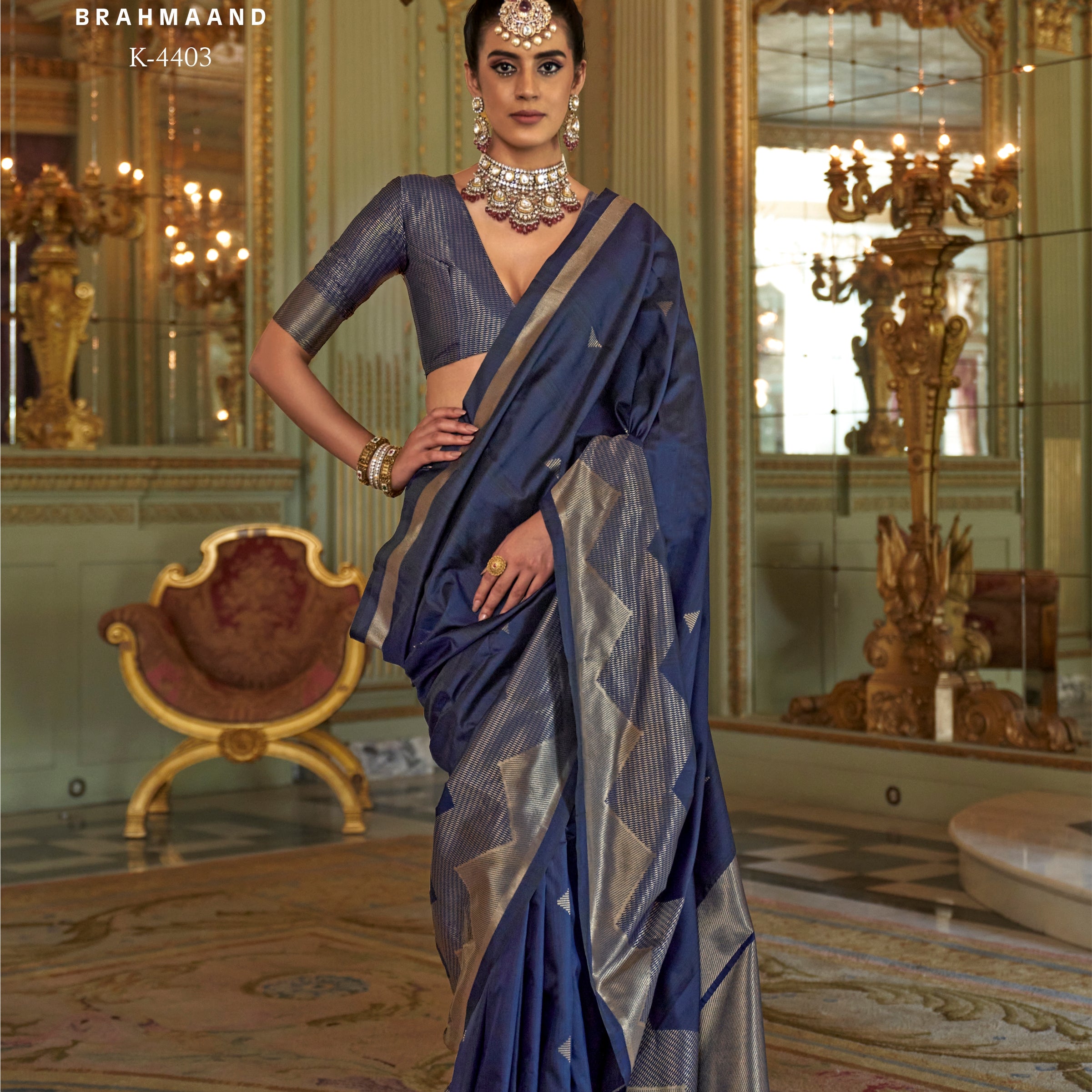 Kreshva Brahmaand K-4403 | Royal Navy Blue Banarasi Silk Saree with Shimmering Silver Zari