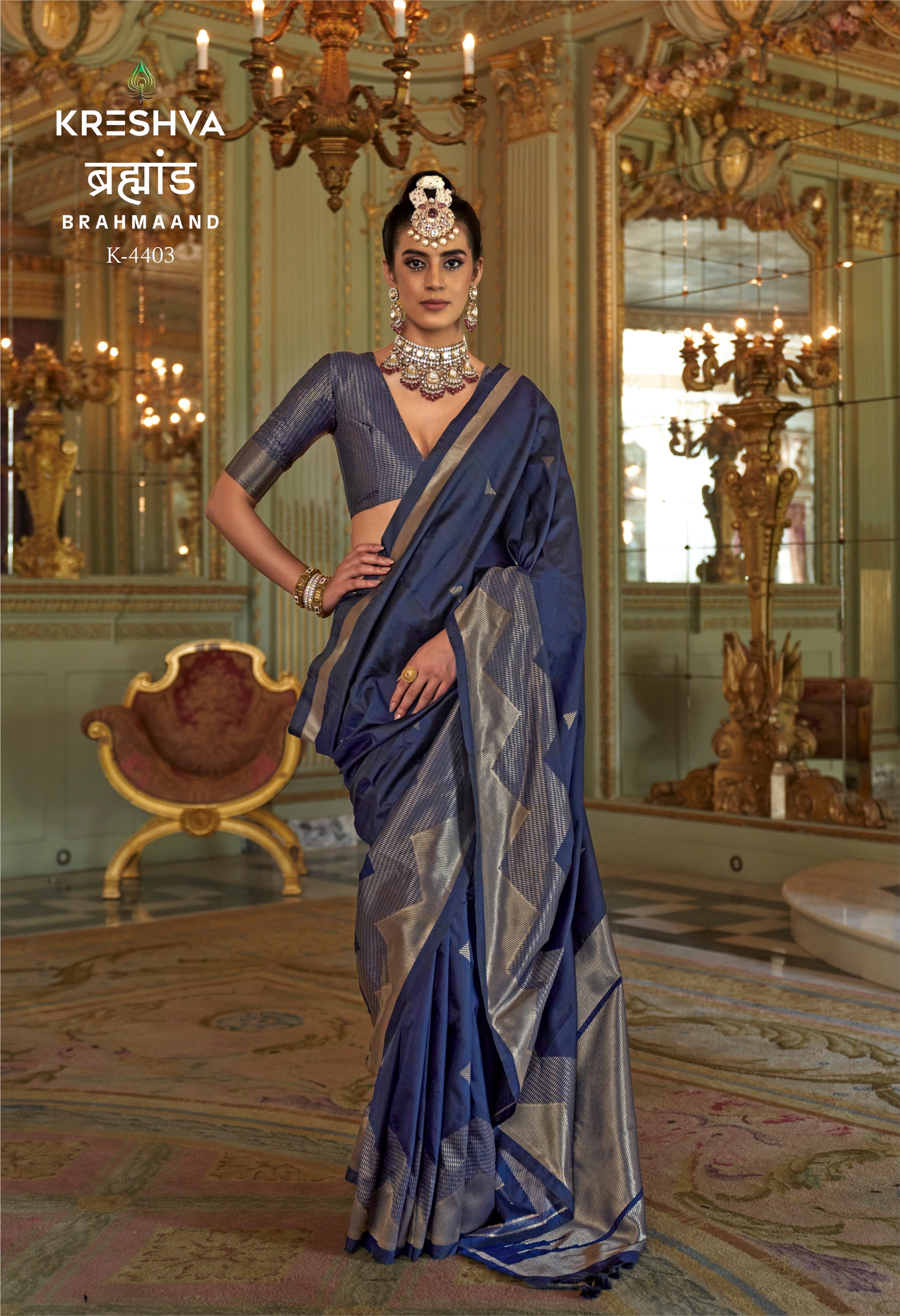 Kreshva Brahmaand K-4403 | Royal Navy Blue Banarasi Silk Saree with Shimmering Silver Zari