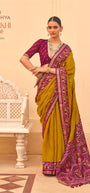 Kreshva Paakhi K-4680 | Mustard Yellow & Purple Dual-Tone Handloom Silk Saree with Traditional Printed Border