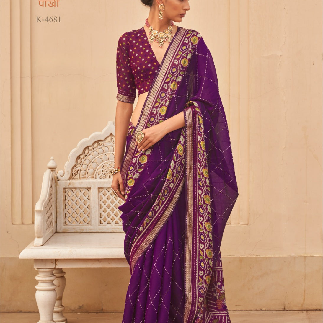 Kreshva Paakhi K-4681 | Royal Deep Purple Handloom Silk Saree with Geometric Diamond Weave & Floral Printed Border