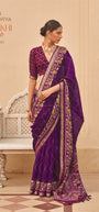 Kreshva Paakhi K-4681 | Royal Deep Purple Handloom Silk Saree with Geometric Diamond Weave & Floral Printed Border