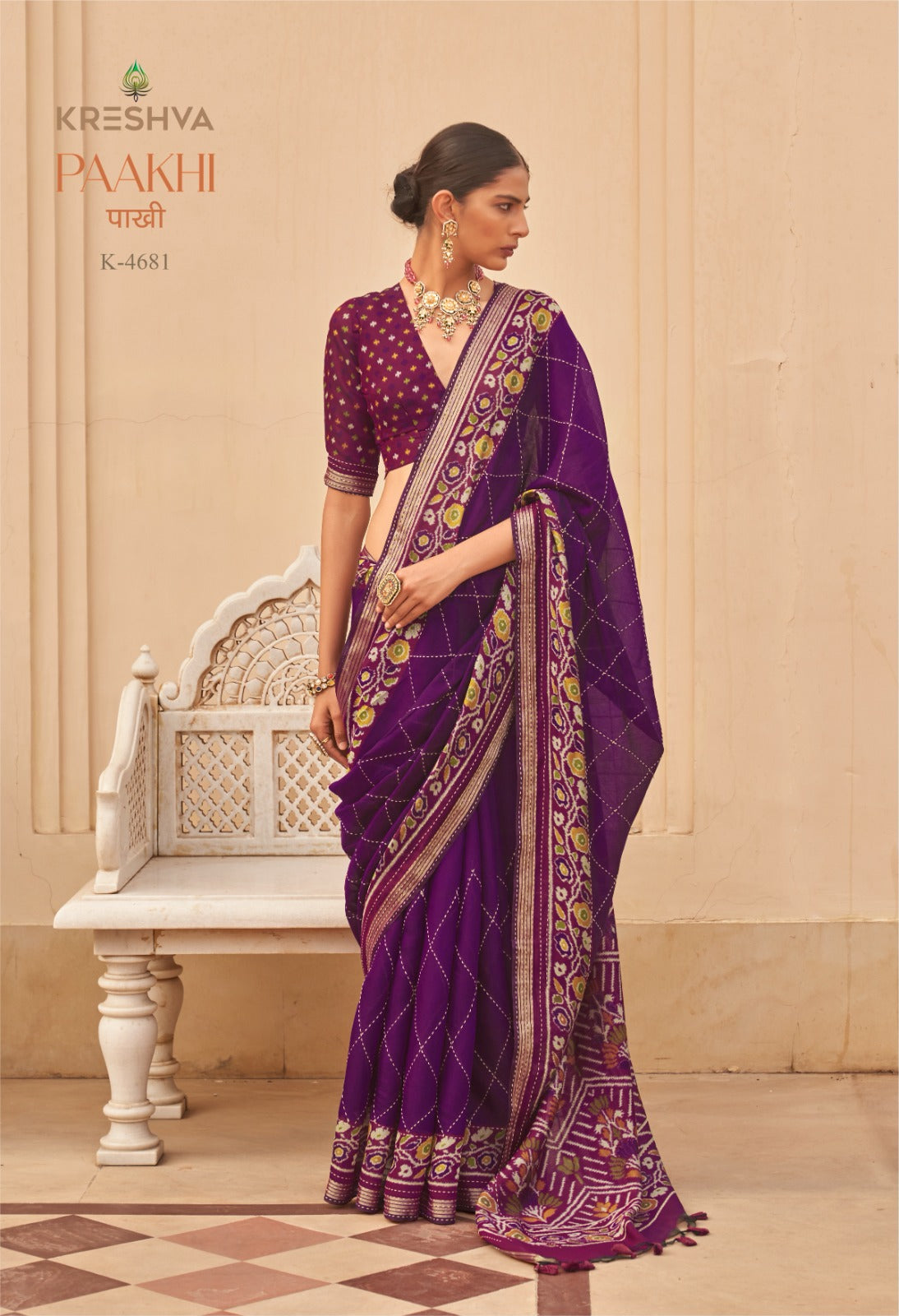 Kreshva Paakhi K-4681 | Royal Deep Purple Handloom Silk Saree with Geometric Diamond Weave & Floral Printed Border