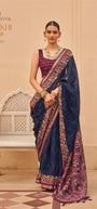 Kreshva Paakhi K-4682 | Prussian Blue & Magenta Contrast Handloom Silk Saree with Traditional Patola Style Print