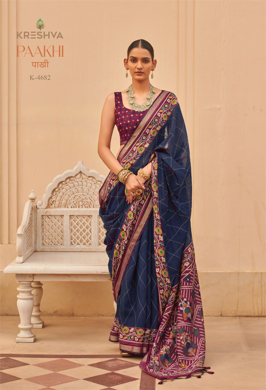 Kreshva Paakhi K-4682 | Prussian Blue & Magenta Contrast Handloom Silk Saree with Traditional Patola Style Print