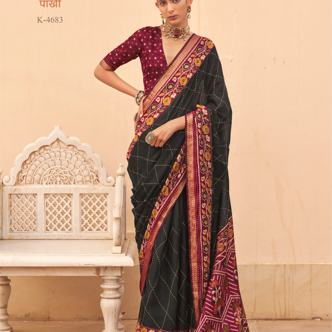 Kreshva Paakhi K-4683 | Midnight Black & Magenta Silk Saree with Geometric Diamond Weave and Patola Print Border