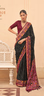Kreshva Paakhi K-4683 | Midnight Black & Magenta Silk Saree with Geometric Diamond Weave and Patola Print Border