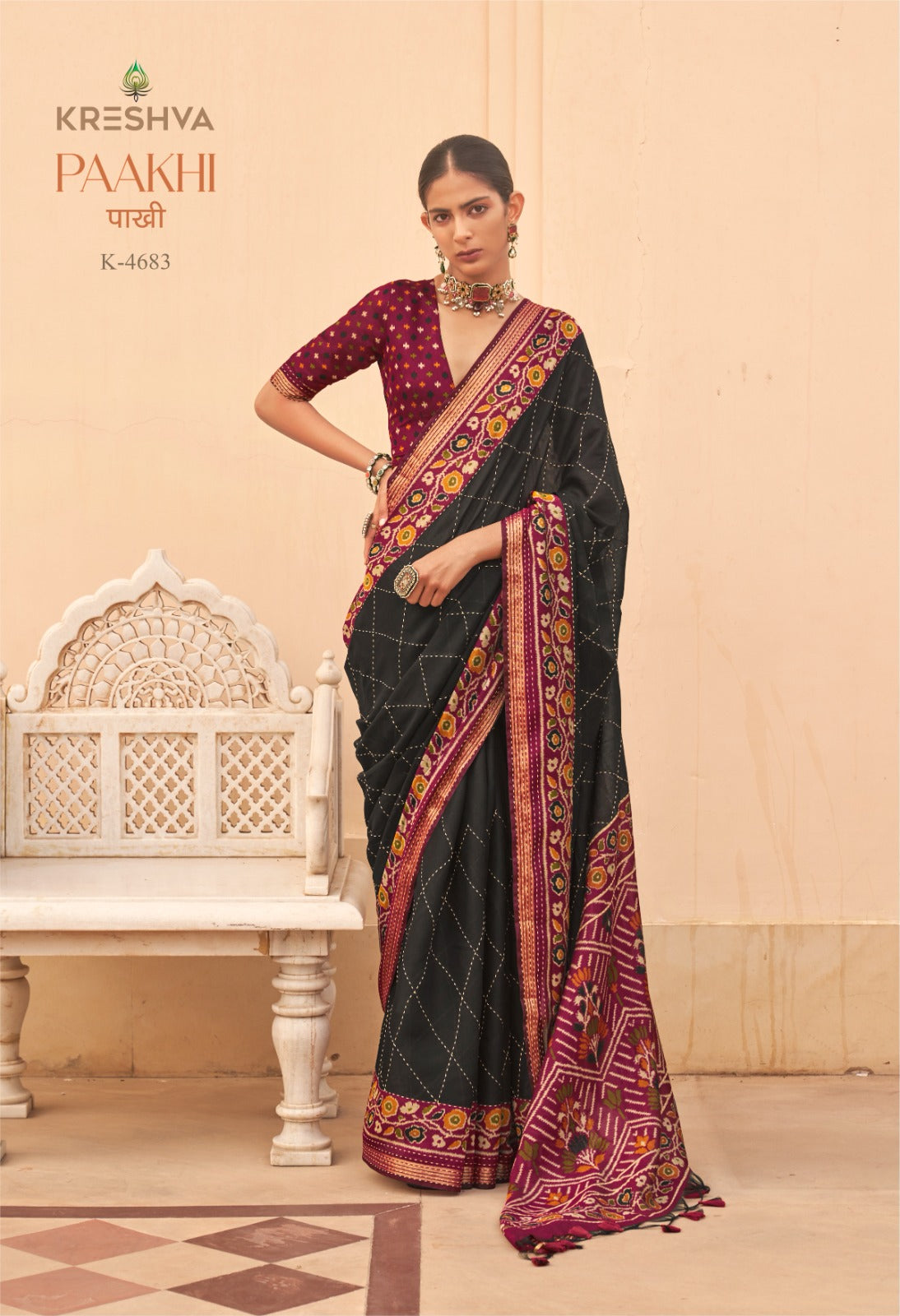 Kreshva Paakhi K-4683 | Midnight Black & Magenta Silk Saree with Geometric Diamond Weave and Patola Print Border