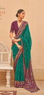 Kreshva Paakhi K-4684 | Rama Green & Purple Handloom Silk Saree with Geometric Diamond Weave and Traditional Printed Border
