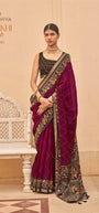 Kreshva Paakhi K-4685 | Deep Wine & Midnight Black Silk Saree with Geometric Diamond Weave and Floral Patola Border
