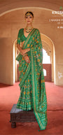 Emerald Green Silk Saree with Traditional Floral Ikat Motif & Gold Zari Border