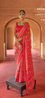 Radiant Crimson Red Silk Saree with Traditional Bandhani-Ikat Fusion & Golden Zari Border