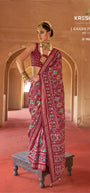 Deep Maroon & Wine Silk Saree with Traditional Ikat Weave and Golden Zari Detail
