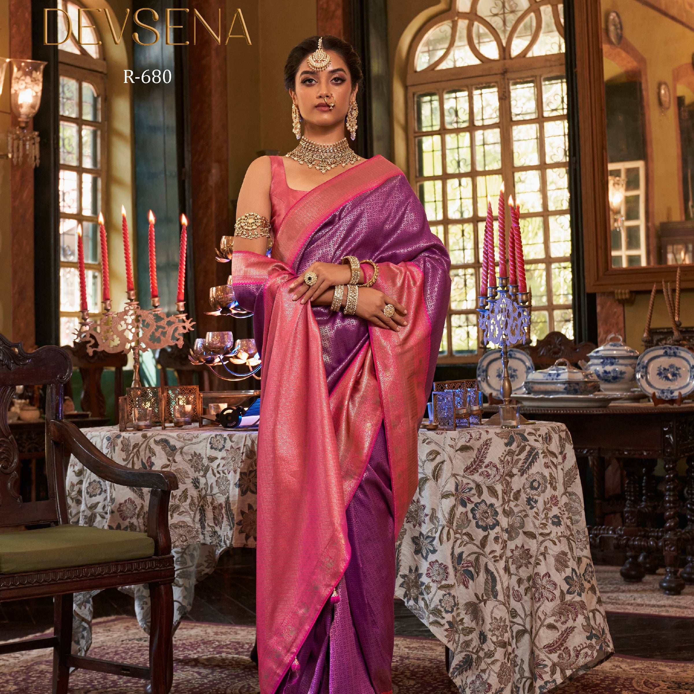Rewaa Devsena R-680 Rich Banarasi Silk Saree in Radiant Purple & Pink Zari Weave