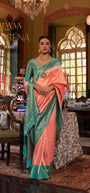 Rewaa Devsena R-681 Elegant Peach Silk Saree with Teal Green Zari Border & Pallu
