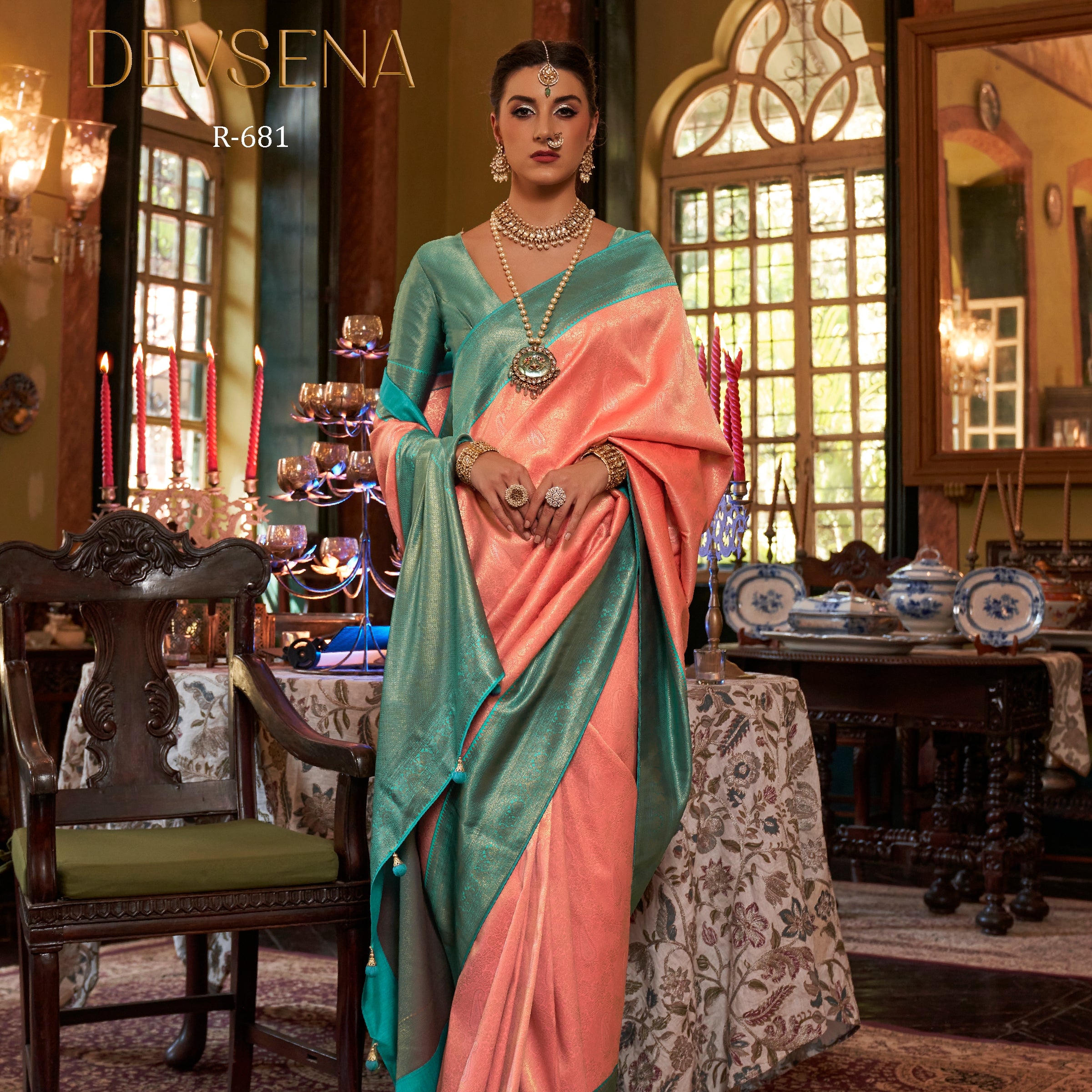 Rewaa Devsena R-681 Elegant Peach Silk Saree with Teal Green Zari Border & Pallu