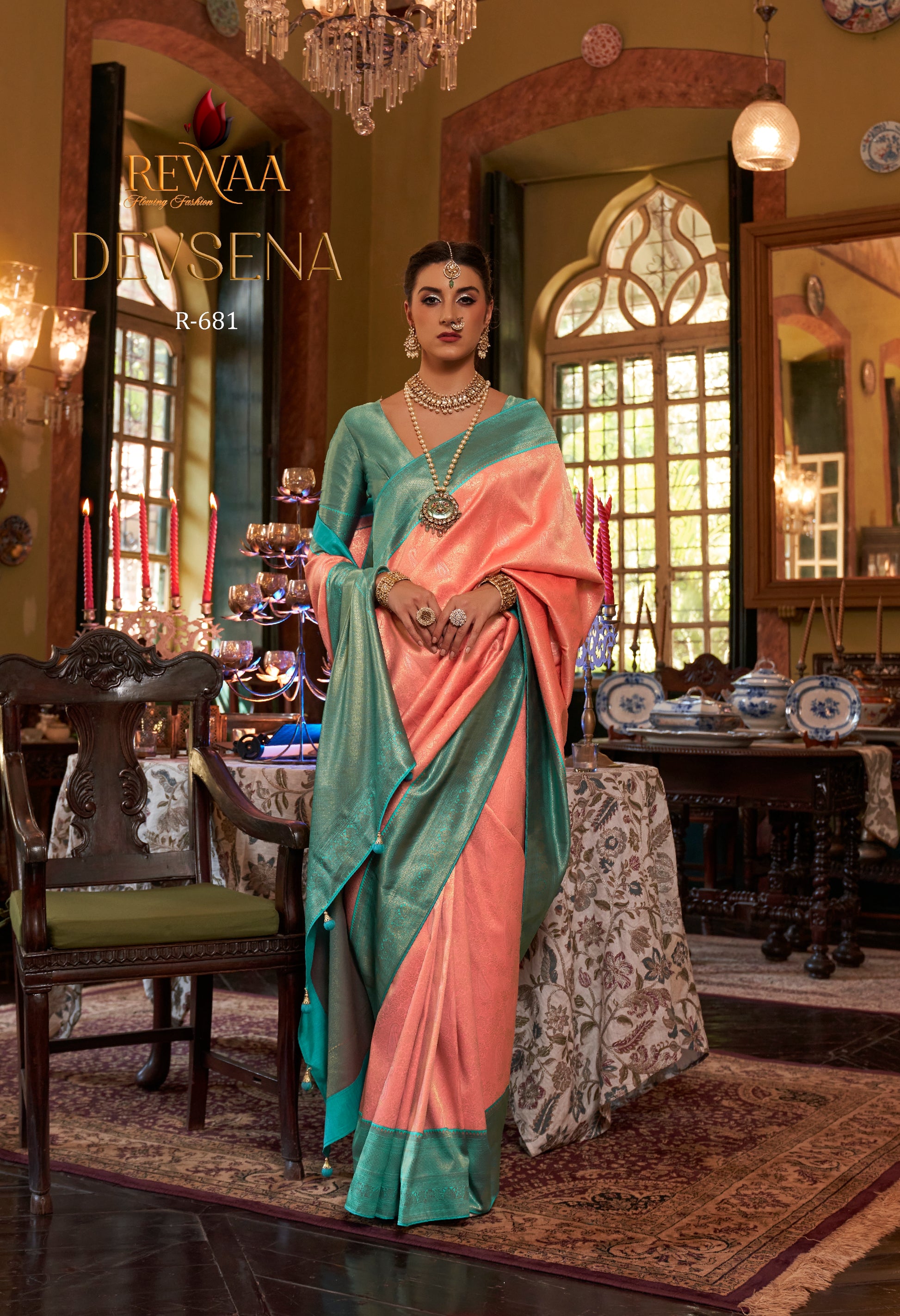 Rewaa Devsena R-681 Elegant Peach Silk Saree with Teal Green Zari Border & Pallu