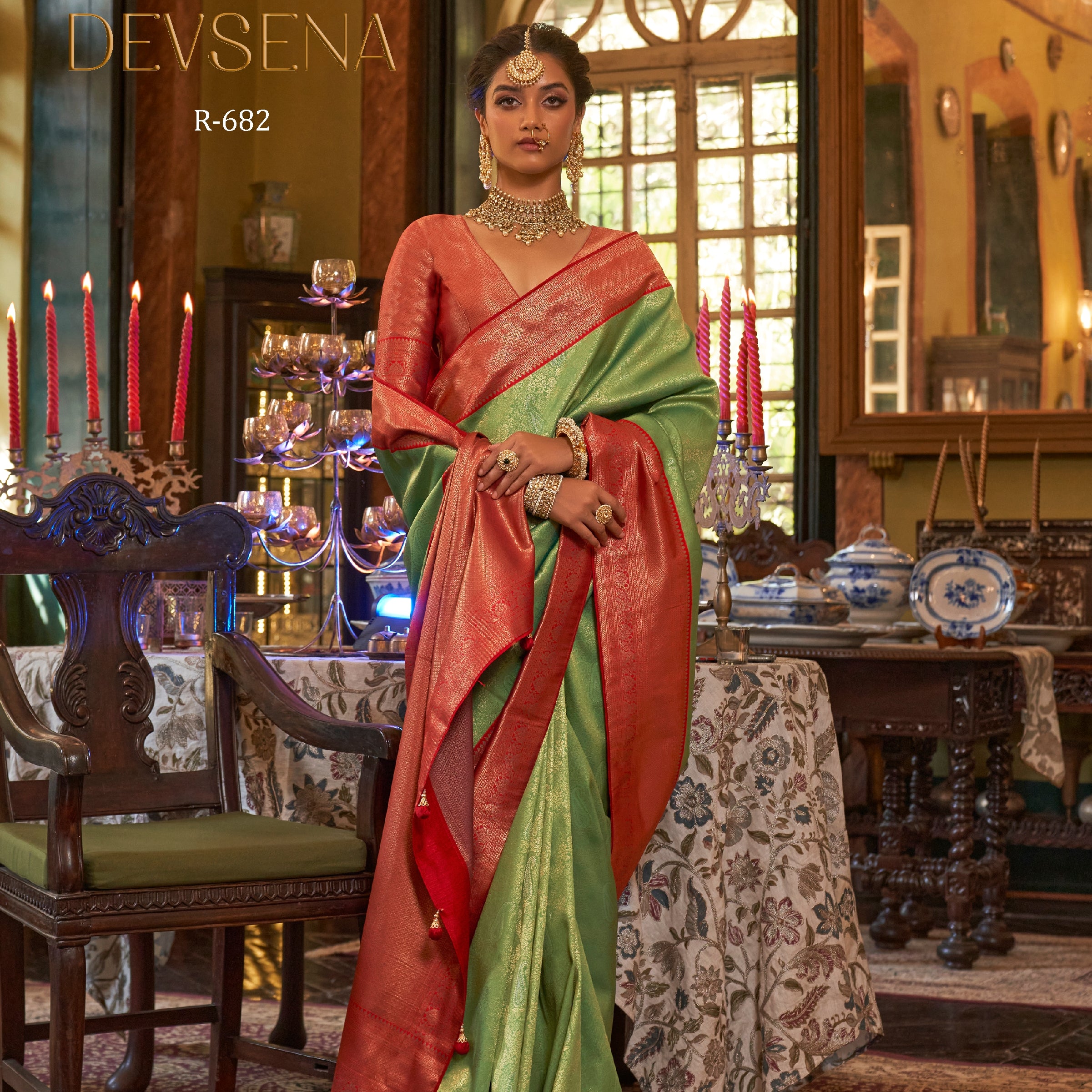 Rewaa Devsena R-682 Traditional Parrot Green Banarasi Silk Saree with Rich Red Zari Border