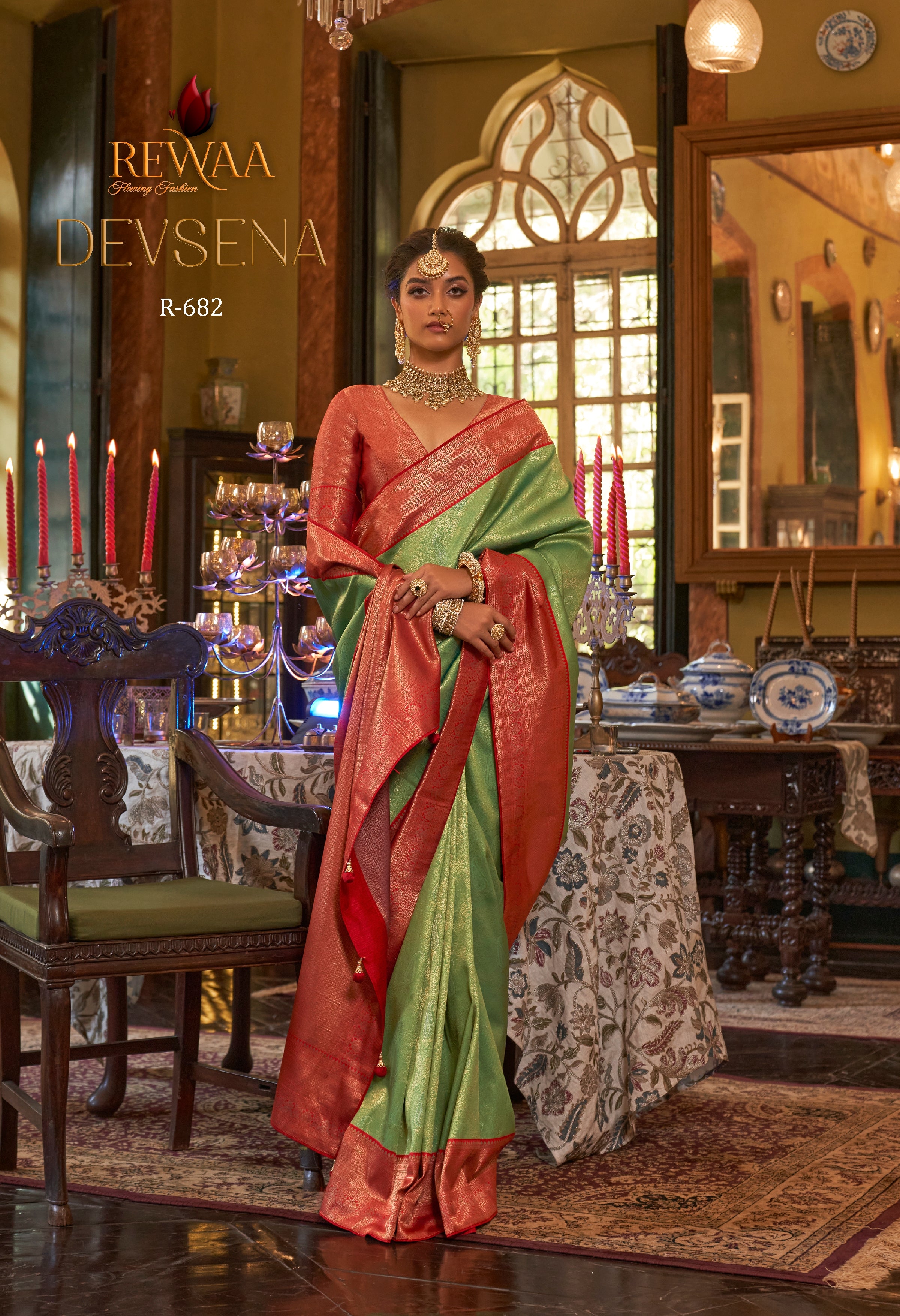 Rewaa Devsena R-682 Traditional Parrot Green Banarasi Silk Saree with Rich Red Zari Border