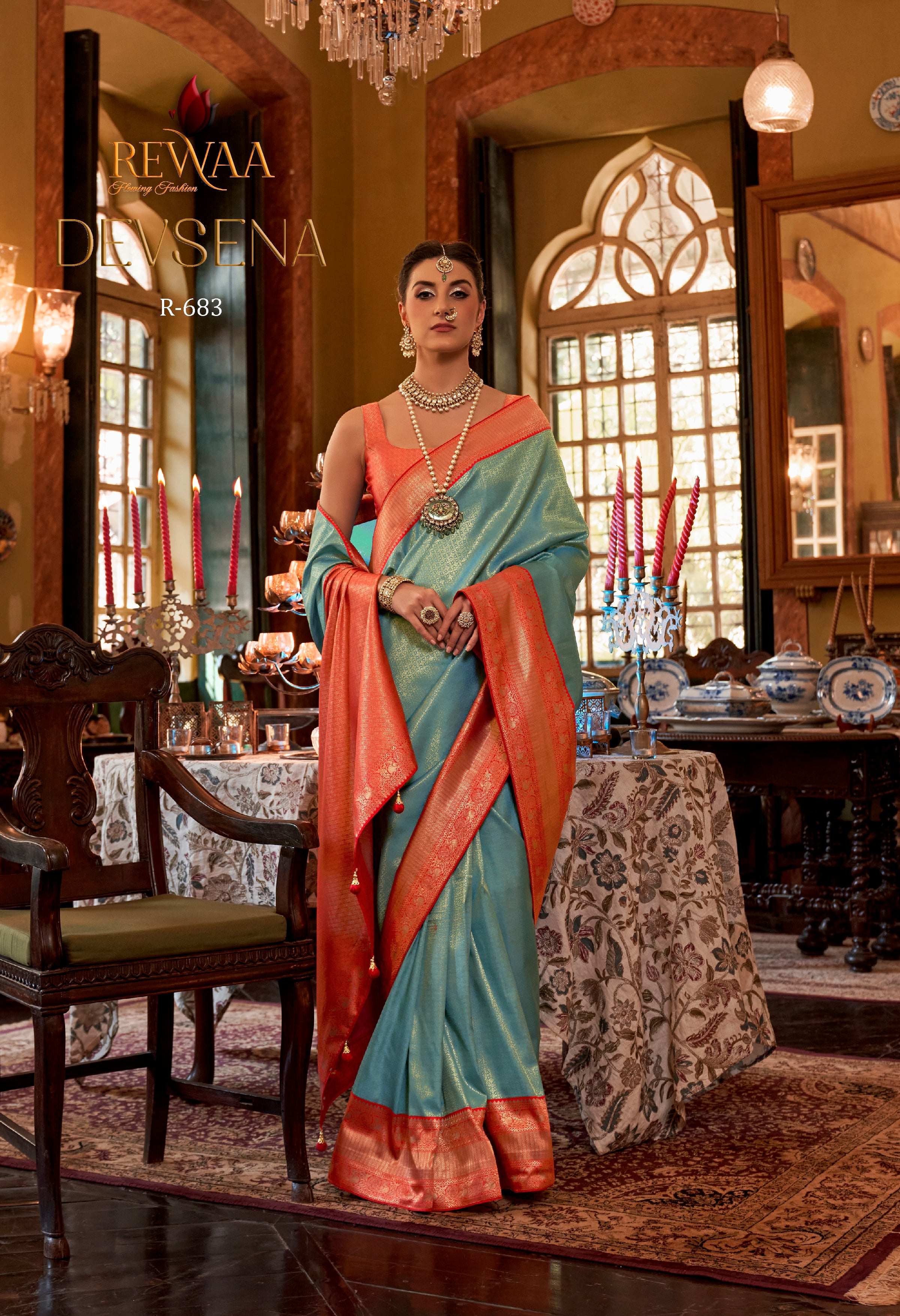 Rewaa Devsena R-683 Regal Seafoam Blue Banarasi Silk Saree with Vibrant Orange Zari Border