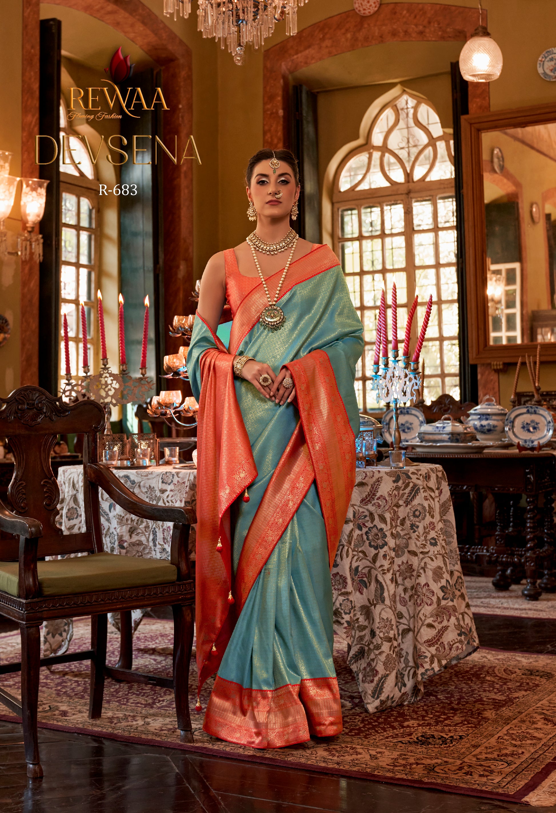 Rewaa Devsena R-683 Regal Seafoam Blue Banarasi Silk Saree with Vibrant Orange Zari Border
