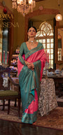 Rewaa Devsena R-684 Radiant Pink Banarasi Silk Saree with Contrast Teal Green Zari Border