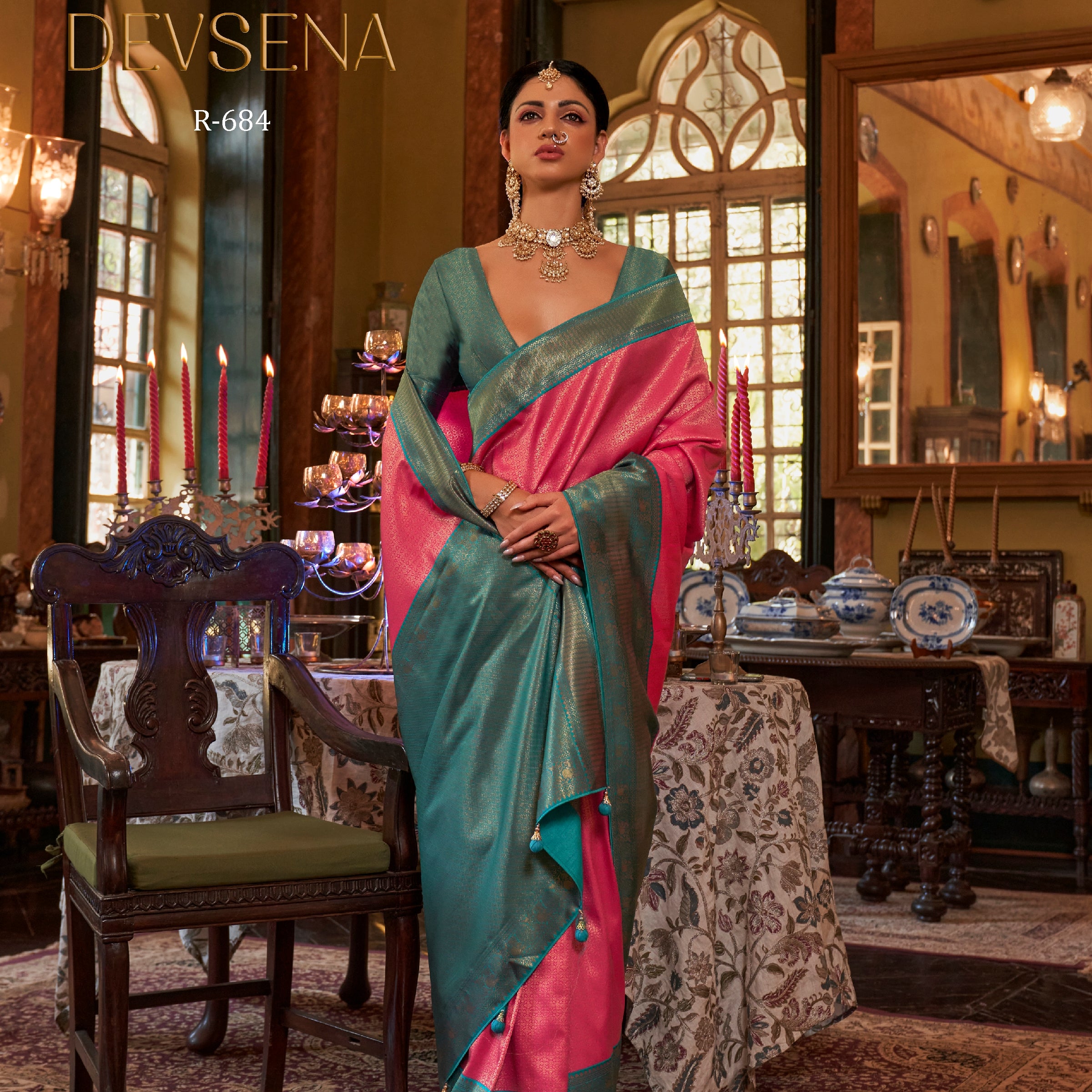 Rewaa Devsena R-684 Radiant Pink Banarasi Silk Saree with Contrast Teal Green Zari Border