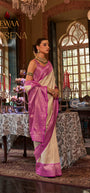 Rewaa Devsena R-685 Elegant Cream Banarasi Silk Saree with Rich Magenta-Purple Zari Border