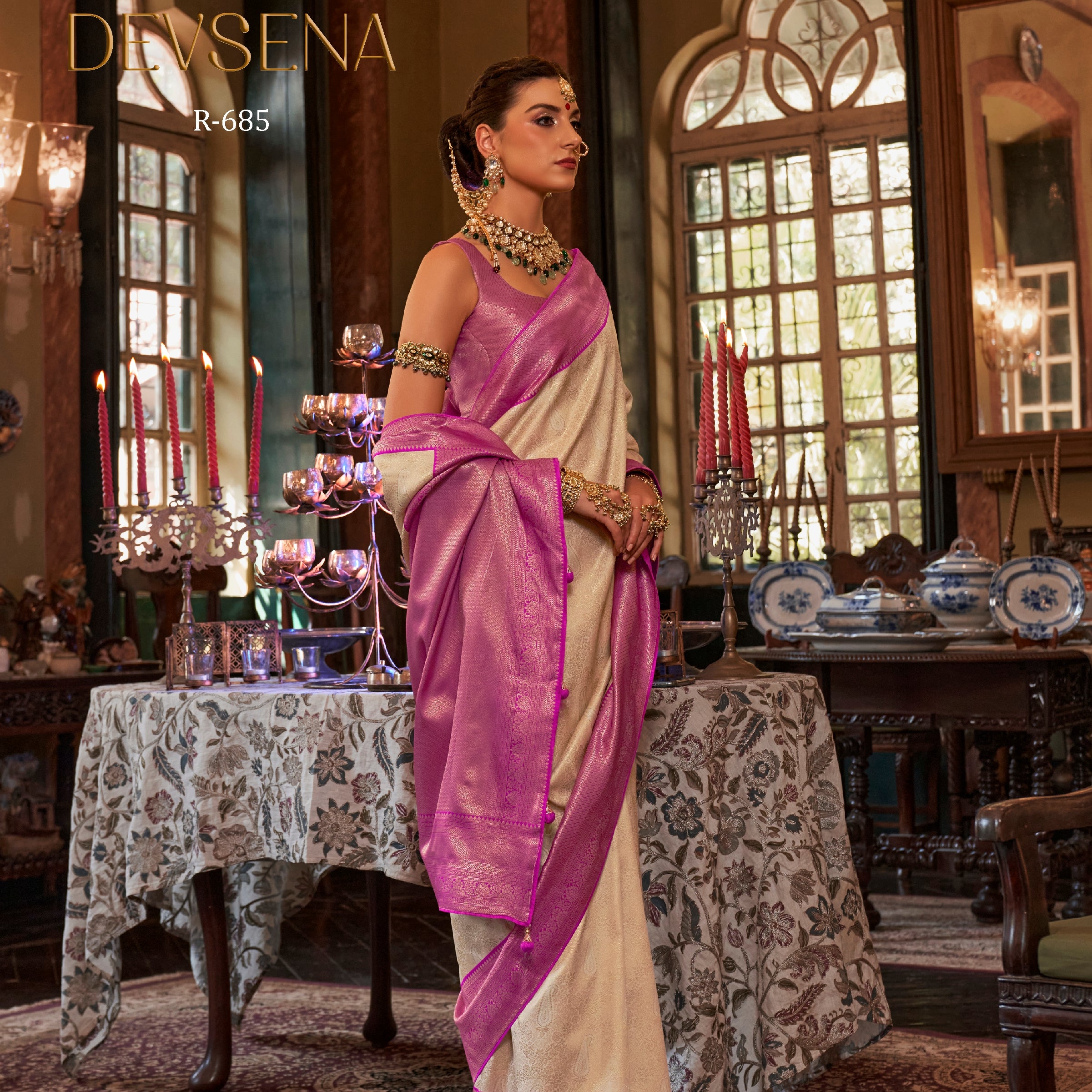 Rewaa Devsena R-685 Elegant Cream Banarasi Silk Saree with Rich Magenta-Purple Zari Border