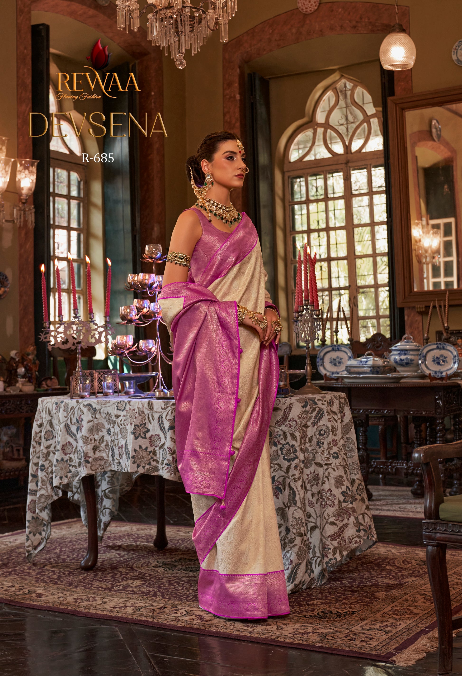 Rewaa Devsena R-685 Elegant Cream Banarasi Silk Saree with Rich Magenta-Purple Zari Border